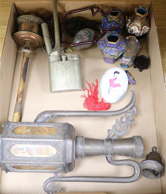 A Chinese paktong water pipe, a prayer wheel, enamel vases etc